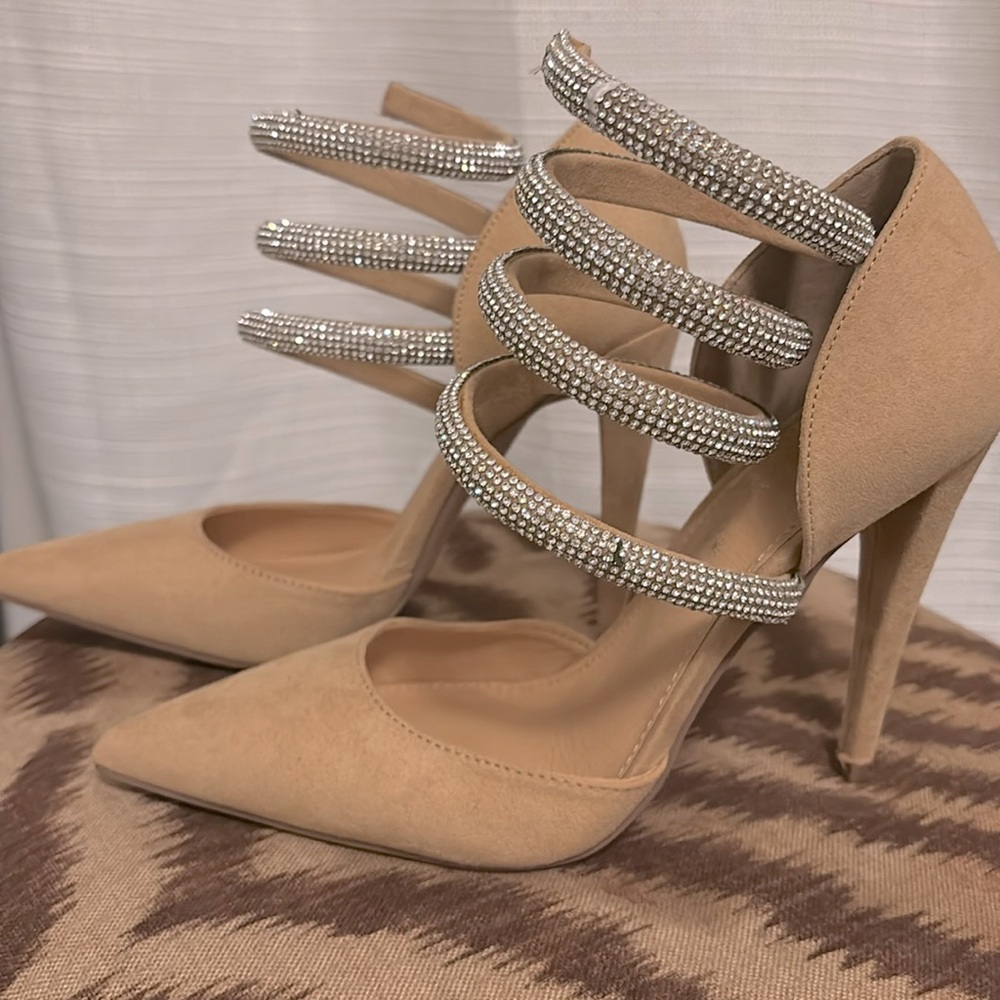 Suede Heels with Jeweled Ankle Straps